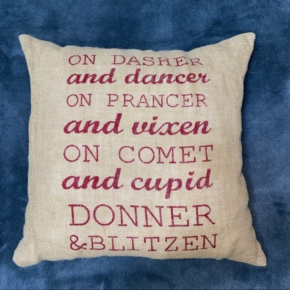 Christmas accent pillow Rudolph‎ song burlap and dark red